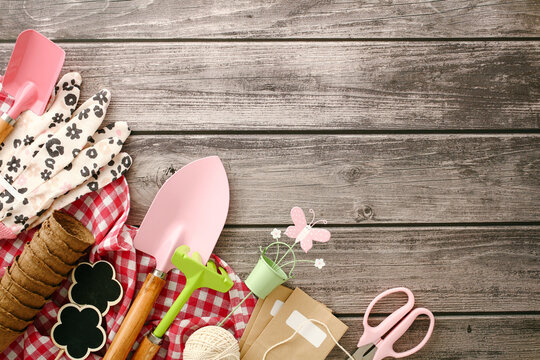 Gardening tools set on rustic wood surface