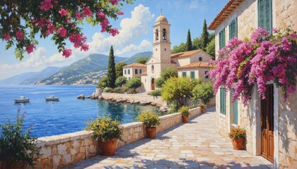 Naklejka premium The serene waterfront features a bell tower and charming houses, surrounded by vibrant flowers. Boats float on the blue water near the picturesque coastline with lush mountains behind.