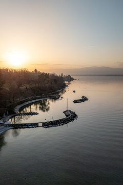 Aerial view of Lake Geneva at sunset