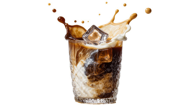 Iced coffee with milk splash and ice cubes, isolated on transparent background