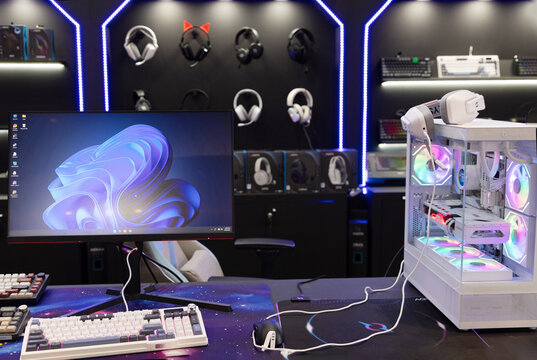 Gaming setup with computer and colorful accessories
