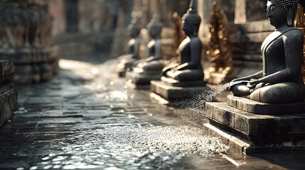 Fototapeta premium Serene line of Buddha statues sits in tranquil temple courtyard with mist