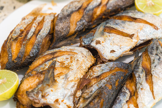 Fried kingfish with lime on a tropical plate