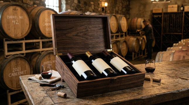 Elegant dark wooden box with three bottles of wine with blank labels in a winery