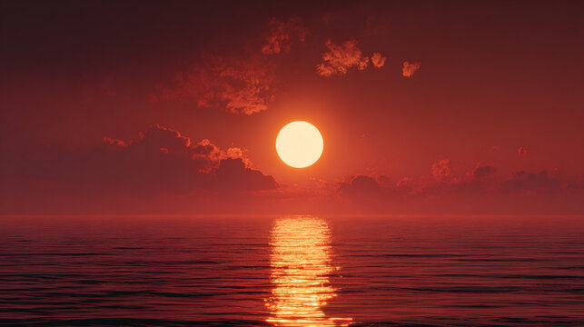 Bright, Hot Sun, Beaming Light At Sunset Over A Crimson Ocean Hyper-Realistic Cinematic Concept