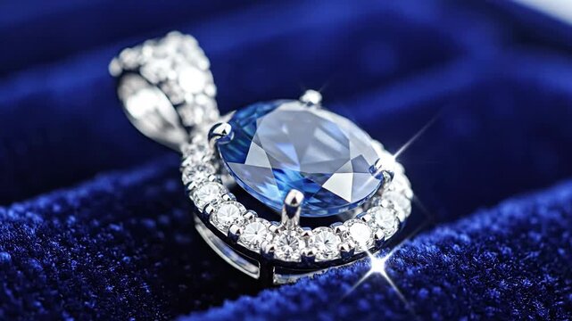 Close up view of diamond and sapphire pendant against blue velvet