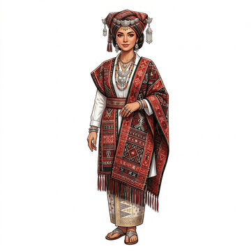 Proud Batak Toba Woman Draped in Grand Ulos Ragidup Cloth and Tali-tali Headcloth, Traditional Jewelry, Resolute Graceful Standing Pose, Detailed Digital Illustration Isolated on White Background.