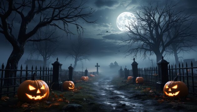 spooky pumpkins lining a dark path, creating an eerie atmosphere. Moonlight illuminates the trees and a distant cross in the graveyard.