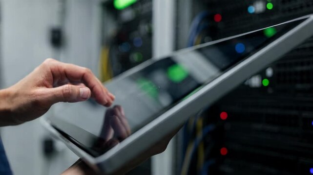 Focused on a technicians hand interacting with a touchscreen panel on monitoring wall background racks and cabling softly out of focus under sustainable lighting.