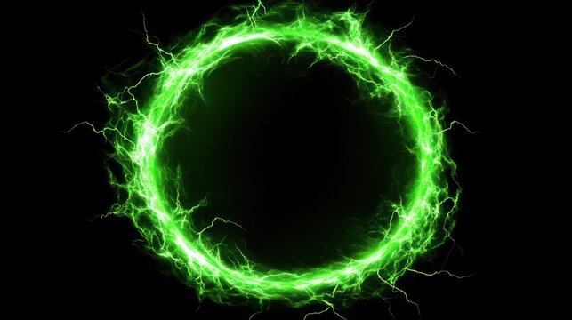 Glowing green energy circle, electric ring, abstract background.