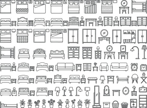 Furniture Elevation Icons Vector Set, Front View Beds, Wardrobes, Sofas, Lamps and Home Decor Symbols
