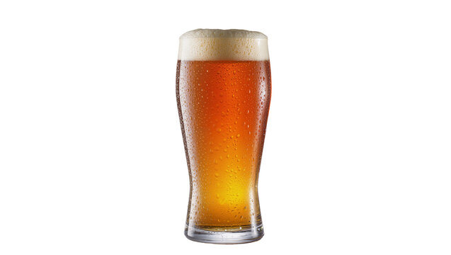 Tall glass of amber beer with foamy head condensation droplets, isolated on transparent background