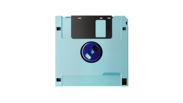 Light blue 3 5 inch floppy disk with black shutter and blue hub, isolated on transparent background