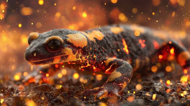 Close-up of Vibrant Salamander with Bright Orange Spots Against Glowing Embers and Sparks in a Dramatic Atmosphere