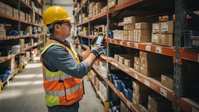 Diligent male warehouse worker in a yellow hard hat and high-visibility vest meticulously scanning inventory on tall storage shelves with a handheld barcode scanner ensuring accurate stock management.