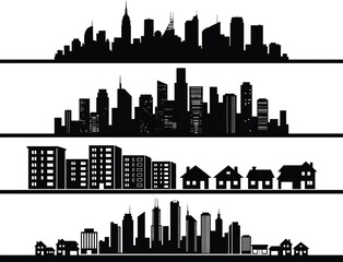 Fototapeta premium Urban and Suburban Landscape Silhouettes Vector Set, City Skylines, Residential Buildings, and Architectural Backgrounds