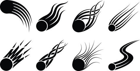 Eight Black Comet or Meteor Icons with Stylized Tails on White Background space astronomy © Kosain