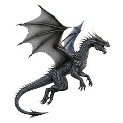 Fototapeta premium A majestic black dragon with large wings soaring through the air in a dynamic flying pose isolated on transparent background