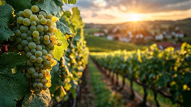 Sunlit vineyard rows with ripe green grapes at sunset