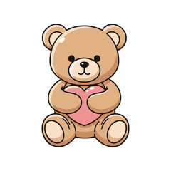 Fototapeta premium Sweet and cuddly cartoon teddy bear, rendered in a charming vector style, lovingly holds a vibrant pink heart, representing warmth, affection, and gentle emotions