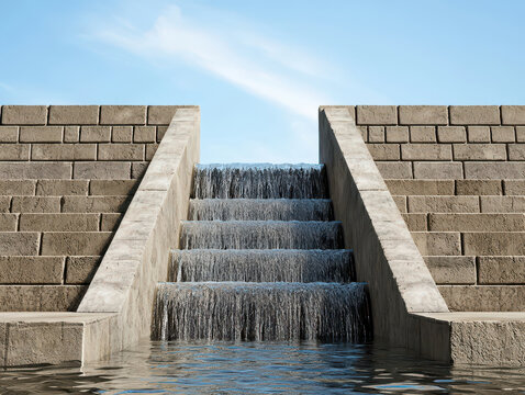 Waterfall stairs stone wall blue sky copy space calm water
