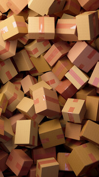 Chaotic Stacks of Cardboard Boxes with Pink Tape Accent
