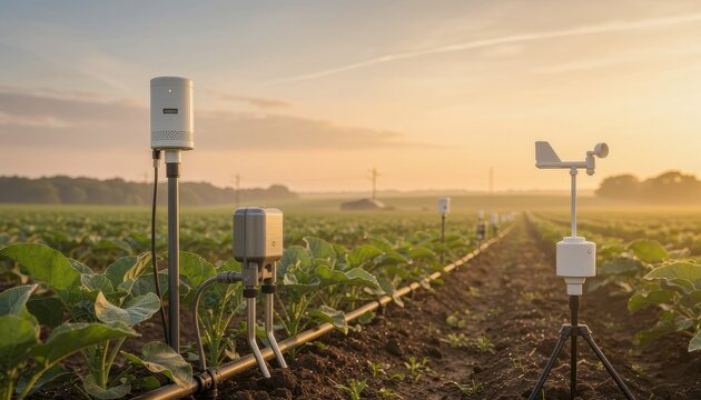 Smart farming sensors collecting data in field at sunset