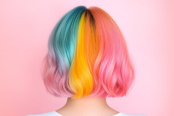 Naklejka premium Rainbow bob hairstyle back view, Pastel multicolor hair, Pink background, Hair color fashion concept, Minimal beauty portrait, Studio banner