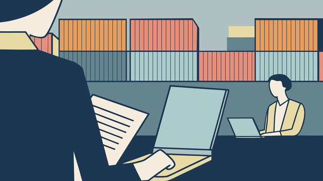 Office with people working in front of shipping containers