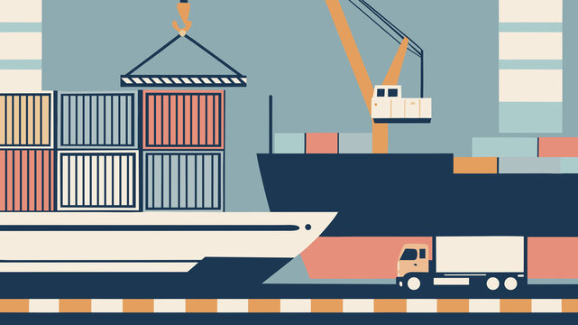 Global trade involves shipping containers, trucks, and cargo ships