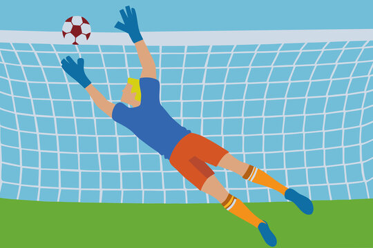 Goalkeeper dives to block soccer ball during match in outdoor field