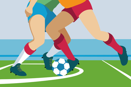 Soccer players compete for the ball on the field during a match