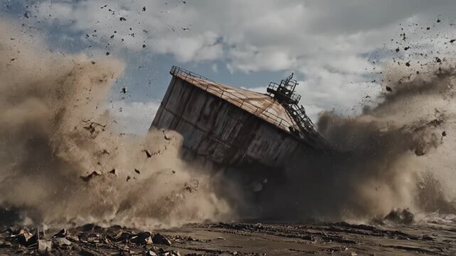 Dramatic demolition of a large water tower, collapsing and breaking apart in clouds of dust.