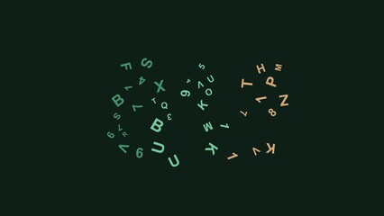 Abstract digital background with random floating letters and numbers glowing in green and orange on a dark backdrop. © PNG SOURCE
