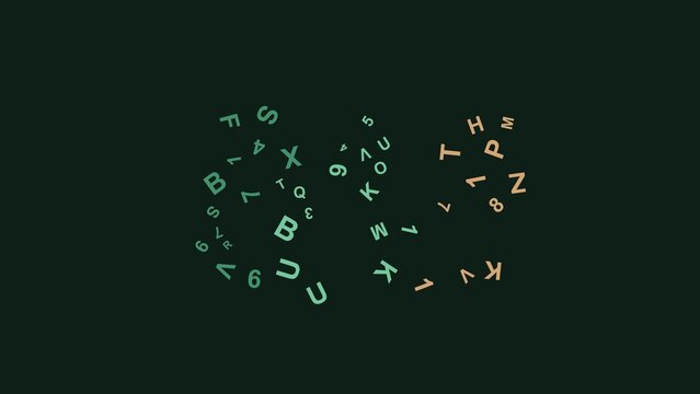 Abstract digital background with random floating letters and numbers glowing in green and orange on a dark backdrop.