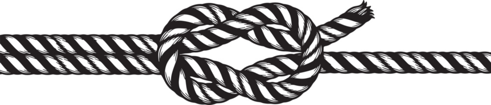 Detailed black and white of a thick, twisted rope tied in a secure knot also transparent background