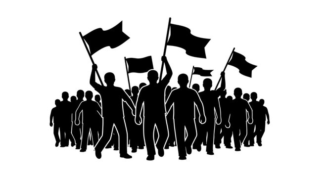 Protest, demonstration, crowd, people, black silhouettes, flags, activism, social movement