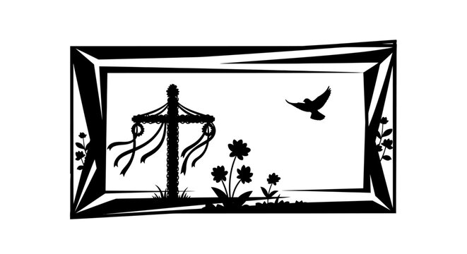 Easter, cross, dove, flowers, black and white vector illustration, religious symbol, spring elements