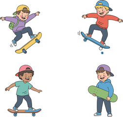 Young boys skateboarding character set with children performing tricks balancing and carrying skateboards © MDABU