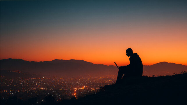Silhouette of a black, African-American male digital nomad sitting on top of a hill overlooking a city below and mountains in the distance, working with his laptop over the city at dusk
