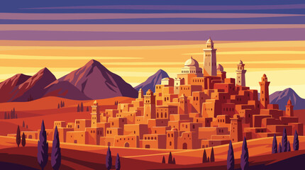 This stunning image captures a majestic castle set against the backdrop of a desert landscape under a colorful sunset, blending architectural beauty with natural wonders. © uki