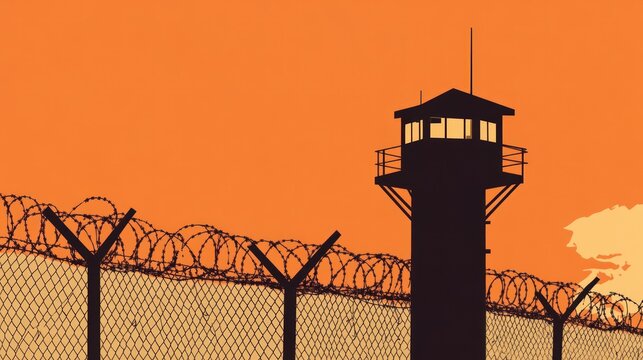 Silhouette of a prison guard tower with barbed wire fence at sunset.