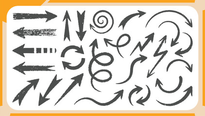 Obraz premium Large Collection of Hand Drawn Black Arrow Doodles Featuring Grunge Textures, Swirls, Curved Pointers and Lightning Bolt Directional Vector Set