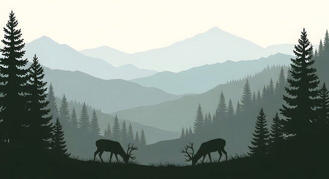 Two deer grazing peacefully in a misty mountain forest landscape at dawn