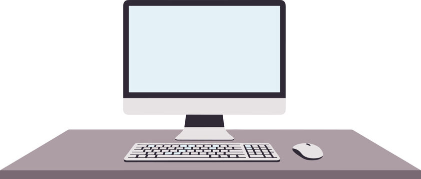 A computer monitor with keyboard and mouse on a desk on transparent background