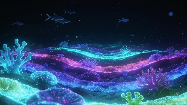 Luminous seafloor featuring layered ridges and swimming sharks