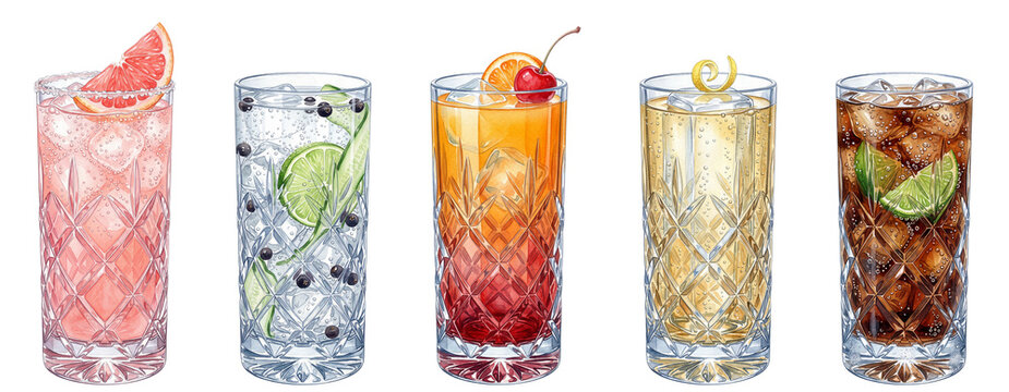 isolated watercolor illustration with highball cocktails featuring a paloma, gin and tonic, tequila sunrise whiskey highball and cuba libre in faceted glasses on transparent backgroun