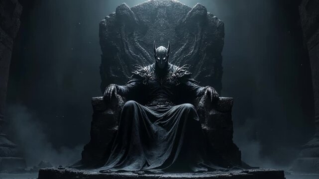 Stoic guardian seated amid falling ash in silent cavernous chamber
