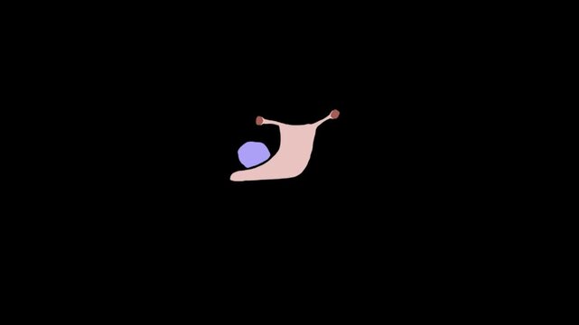 A video showcasing a cartoon snail in a dynamic pose with a vibrant purple shell on a black background