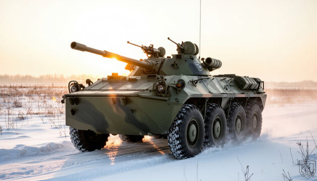 A military vehicle is traversing a snowy landscape. The armored vehicle moves through the snow, displaying its stealthy design and powerful artillery.
